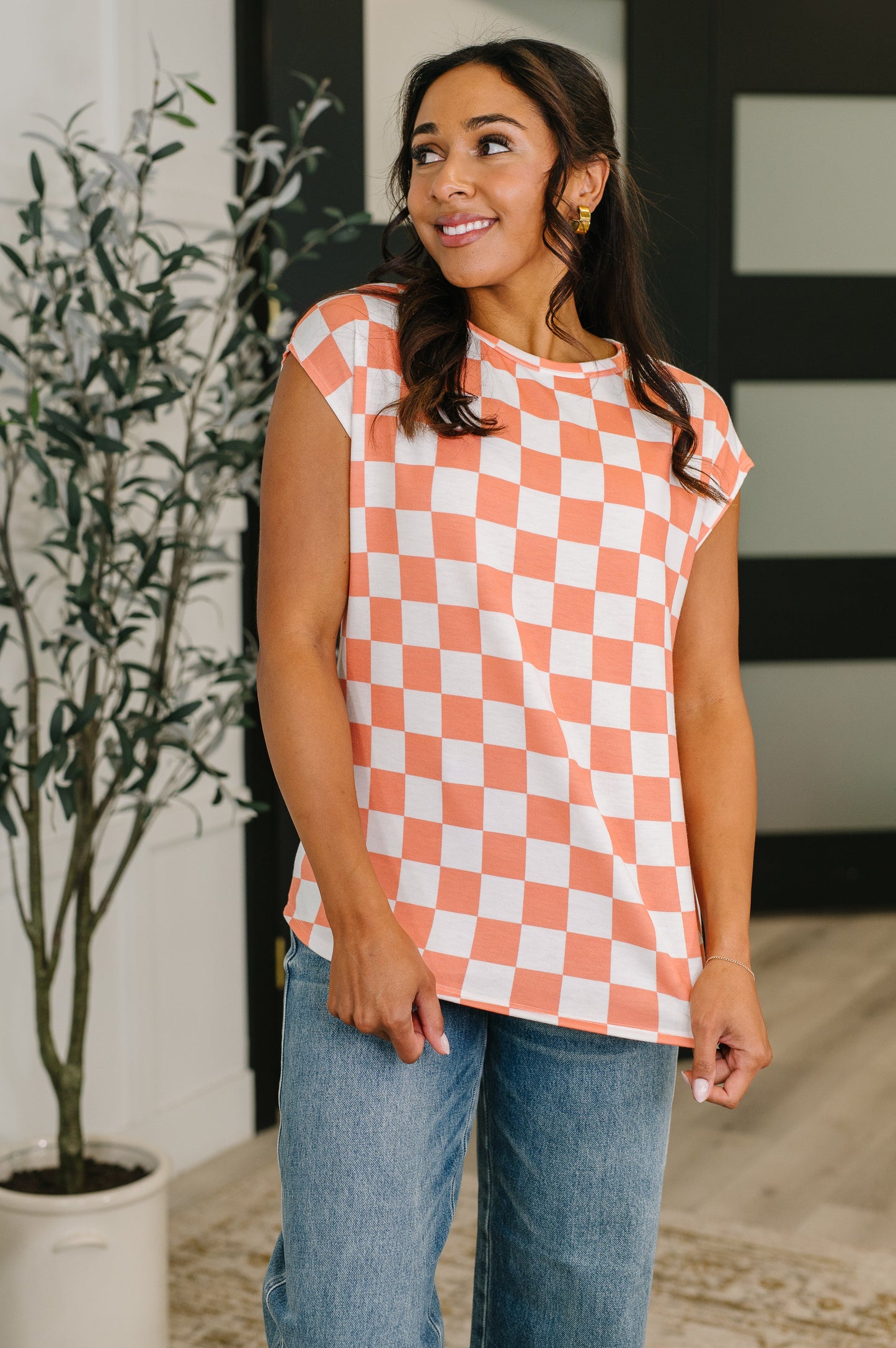 Check Hers Round Neck Top in Orange