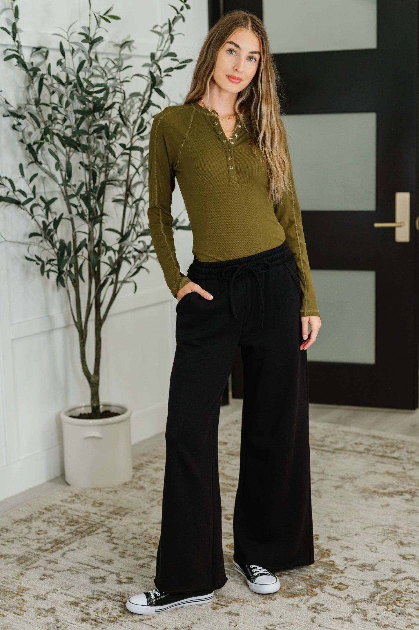Effortless Edge Knit Henley Top in Camo Green