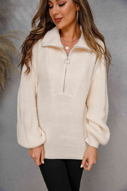 Collared Neck Zip-Up Knit Top